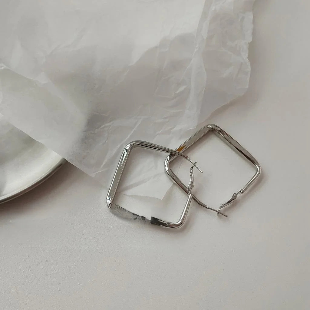 Exaggerated Silver Plated Copper Square Hollow Hoop Earrings For Women Trendy Geometric Jewelry