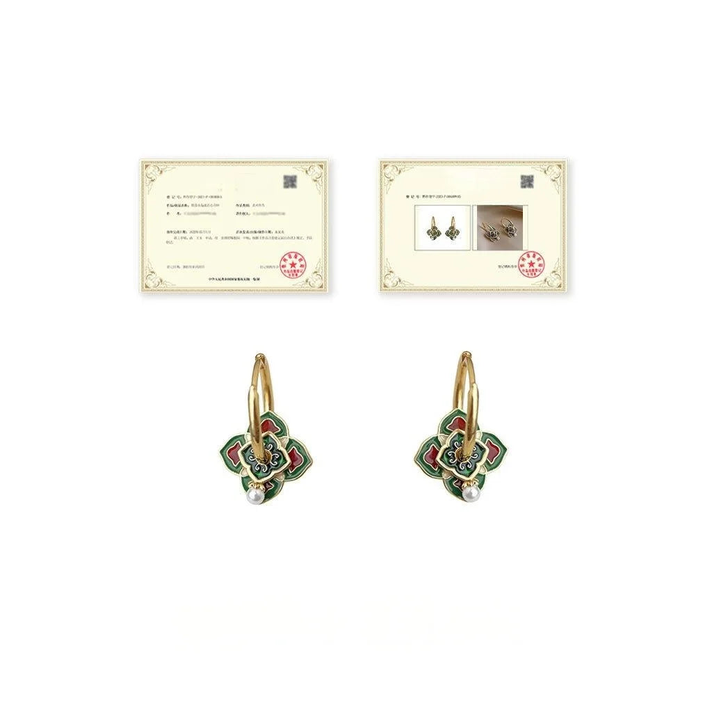 New Chinese Ethnic Octagon Enamel Pearl Stud Earrings Geometric Electroplated Jewelry