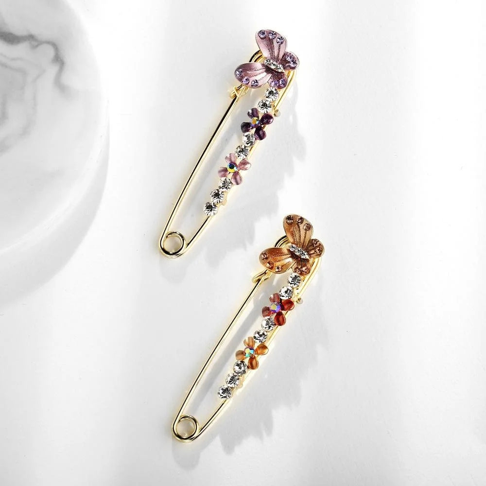 Elegant Alloy Safety Pin Brooch With Enamel Butterfly Flowers And Rhinestones, Shawl Scarf Lapel Pin Gift