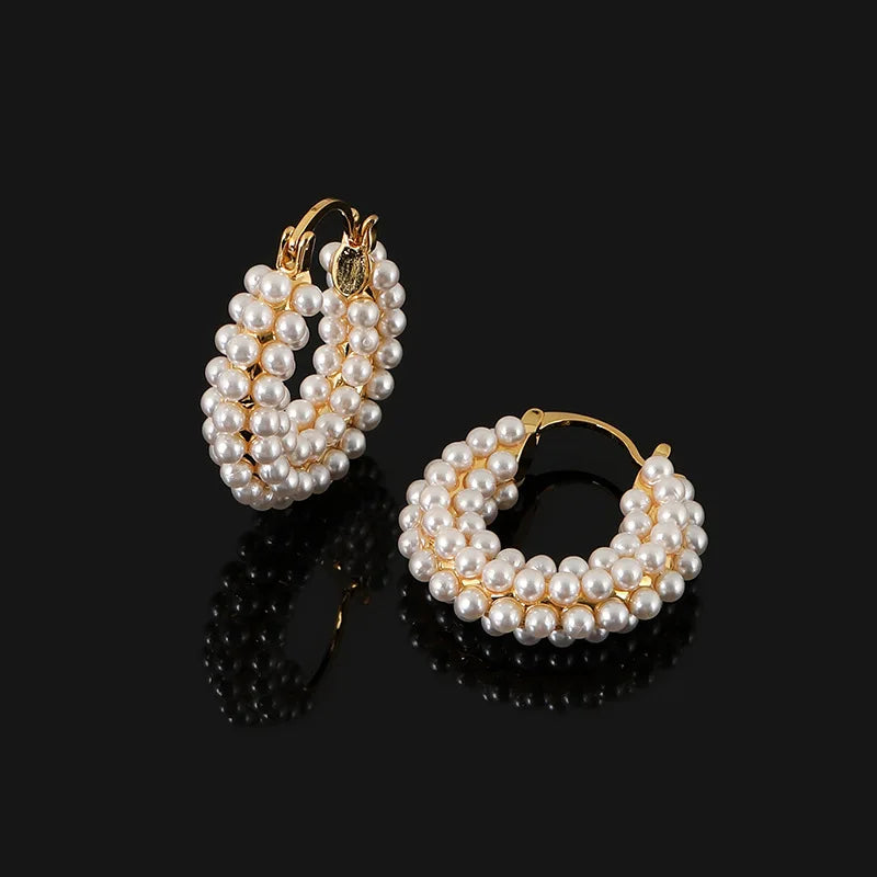 Elegant Faux Pearl Round Hoop Stud & Clip On No Piercing Gold Alloy Luxury Statement Earrings