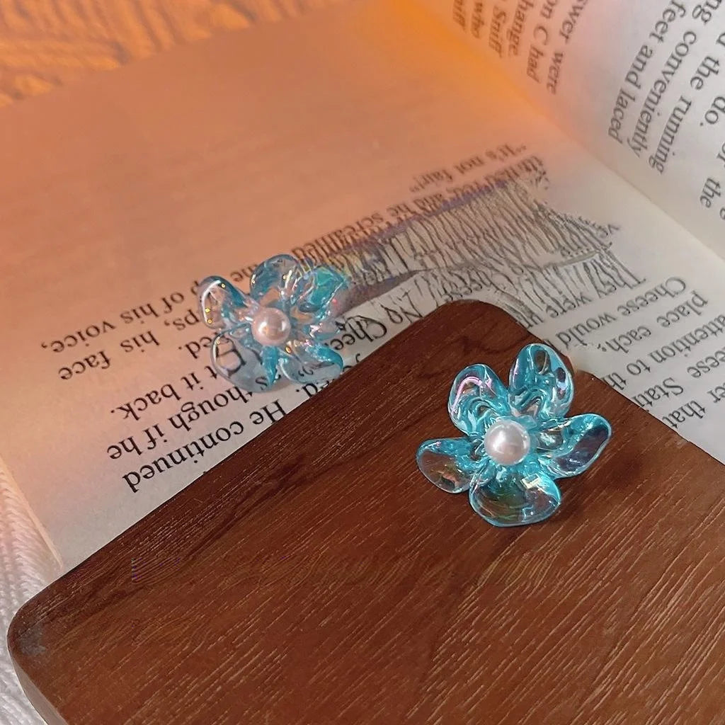 Fairy Style Translucent Blue Acrylic Flower Pearl Stud Earrings Irregular Floral Design