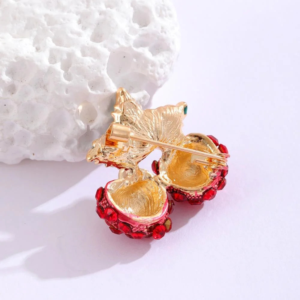 Cute Red Raspberry Cherry Brooch With Rhinestone Berries And Green Enamel Leaves, Alloy Lapel Pin Gift