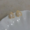 14K Gold Plated Micro Pave Zircon Pearl Drop Earrings French Elegant Hollow Lace Geometric Design