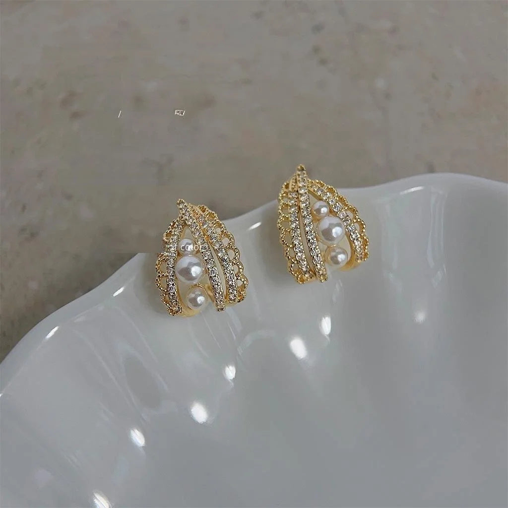14K Gold Plated Micro Pave Zircon Pearl Drop Earrings French Elegant Hollow Lace Geometric Design