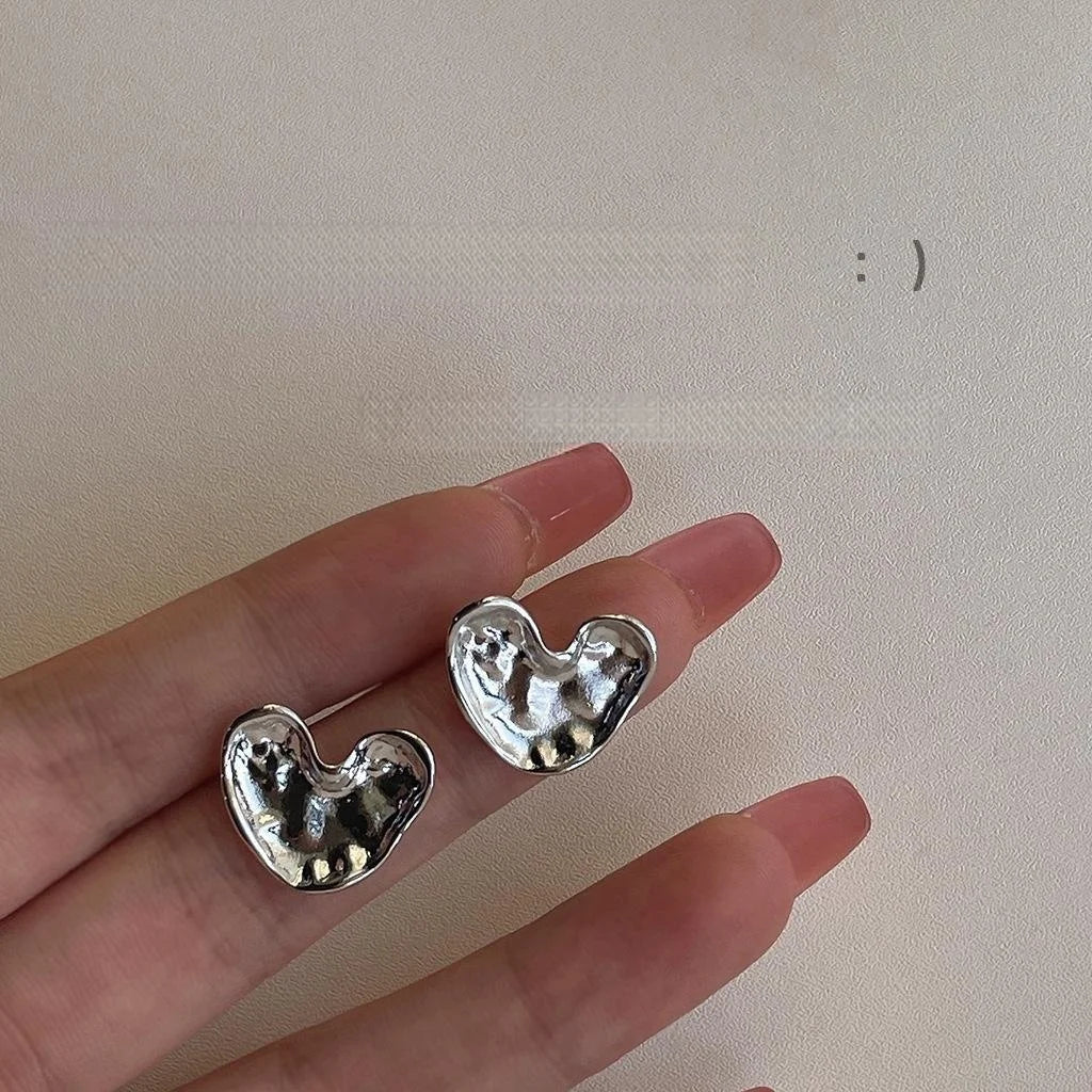 Liquid Metal Silver Plated Copper Heart Stud Earrings, Minimalist Korean Style Jewelry