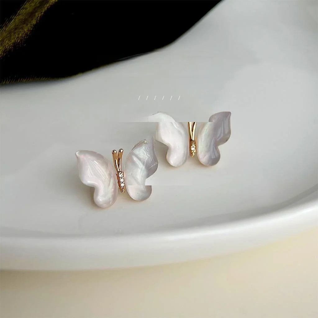 14K Gold Plated Copper Real Shell Butterfly Micro Pave Zircon Sweet Summer Stud Earrings
