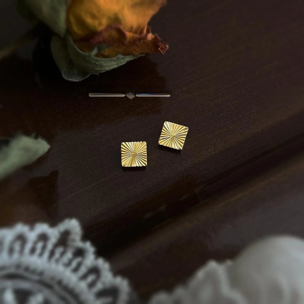 18K Real Gold Plated Copper Geometric Square Faceted Stud Earrings, Light Luxury