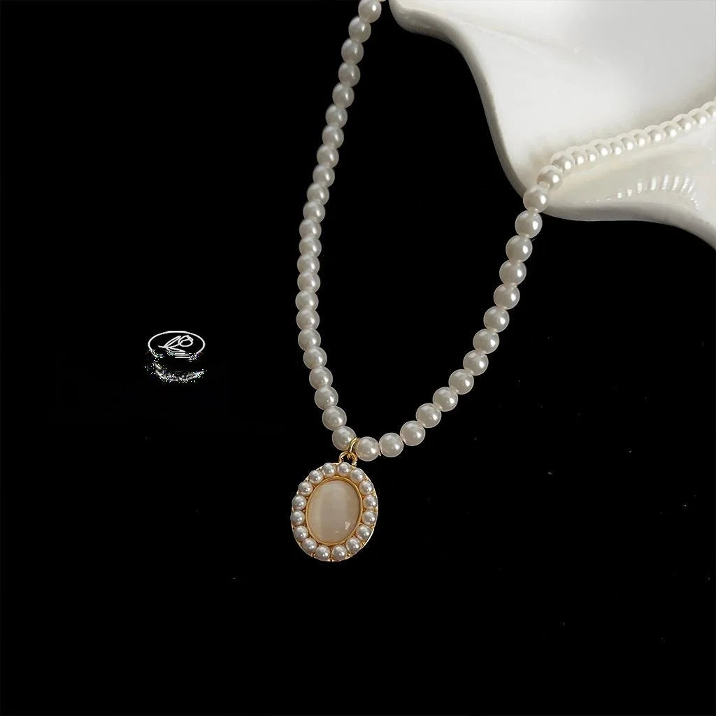 French Vintage Copper Glass Cat Eye Stone Pearl Round Geometric Collarbone Necklace