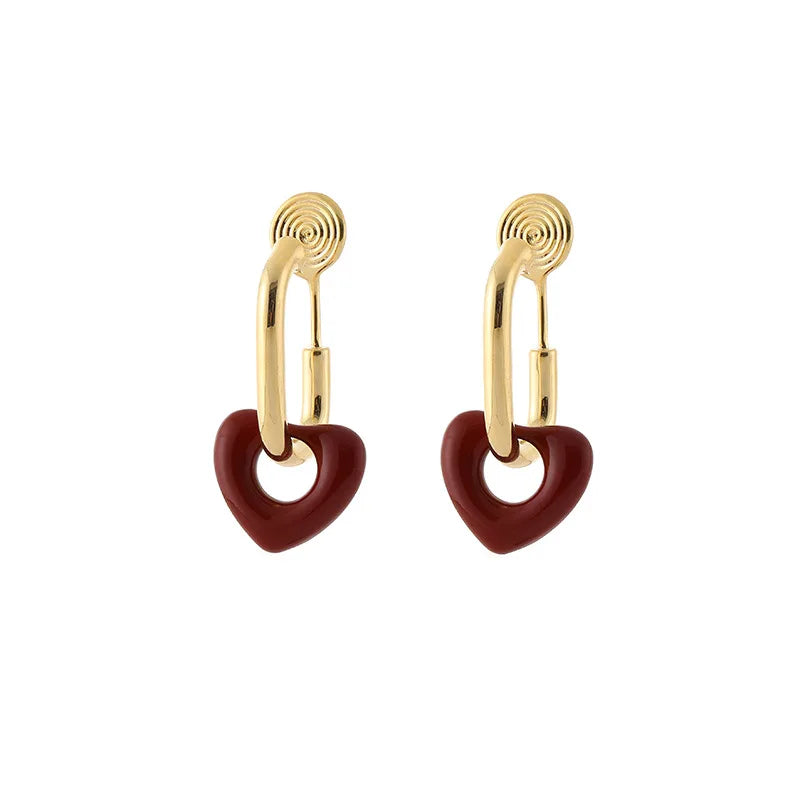 Elegant Red Enamel Heart Charm Gold Alloy Hoop Stud & Clip On No Piercing Fashion Earrings