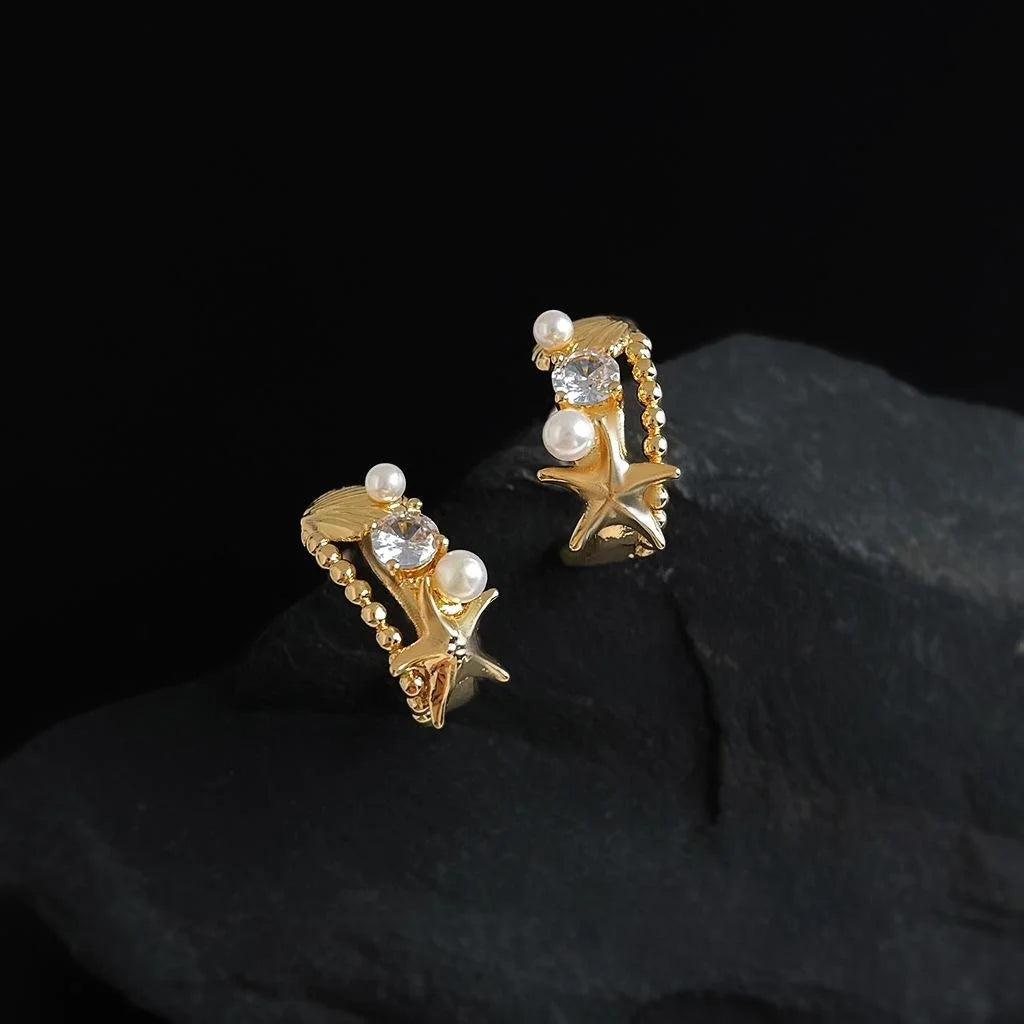 Designer Ocean Starfish Zircon Copper 14K Plated Stud Earrings
