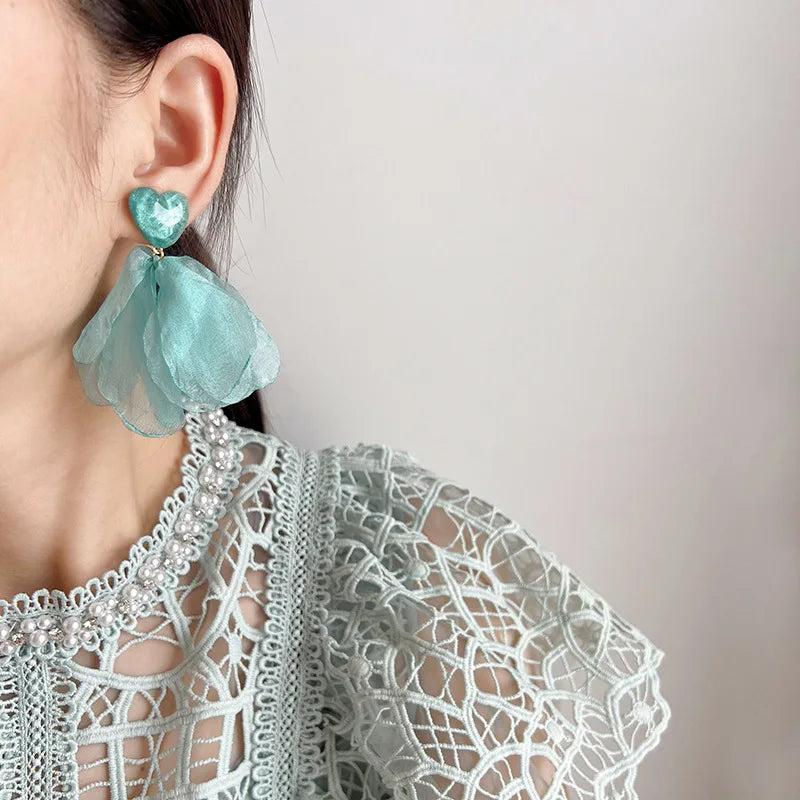 Blue Heart Chiffon Petal Lightweight Elegant Vacation Stud & Clip On No Piercing Flower Drop Earrings