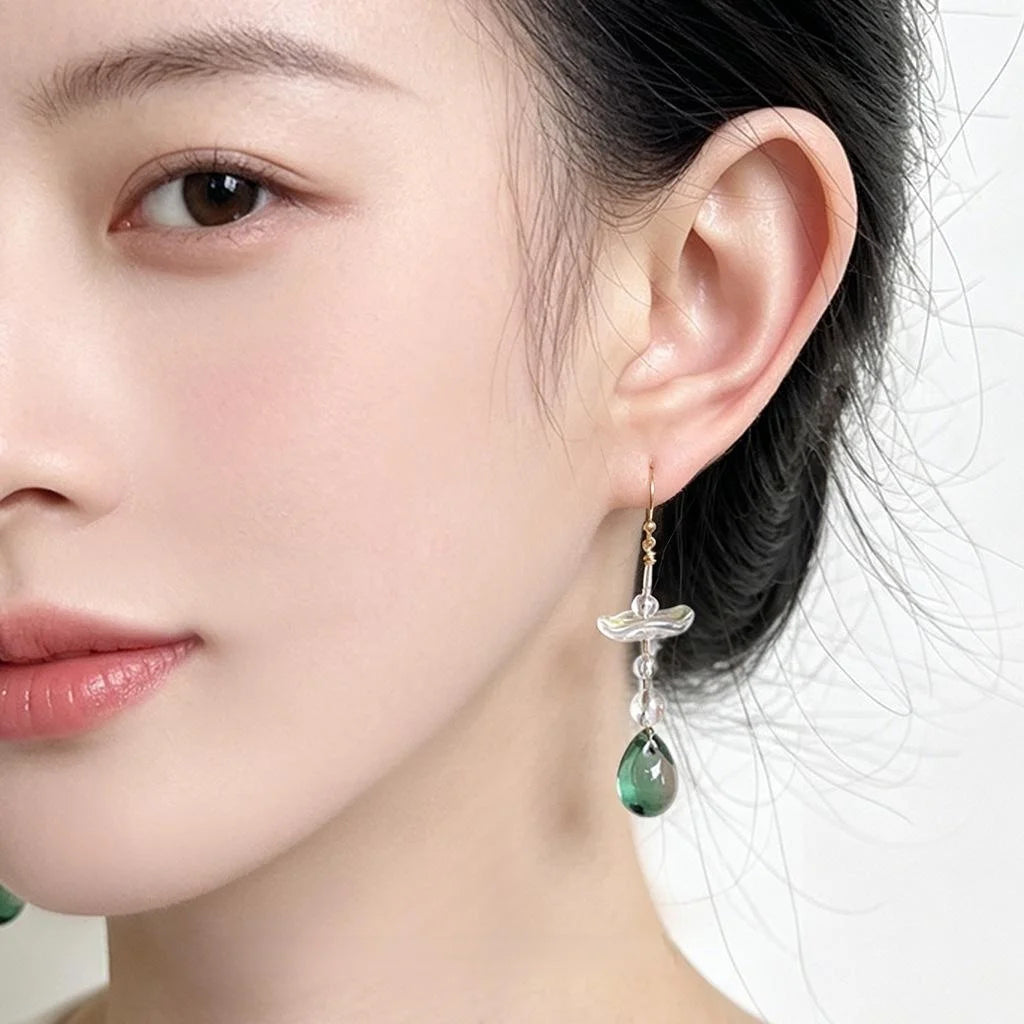 Handmade New Chinese Style Jade Color Glass Crystal Geometric Lotus Leaf Drop Earrings