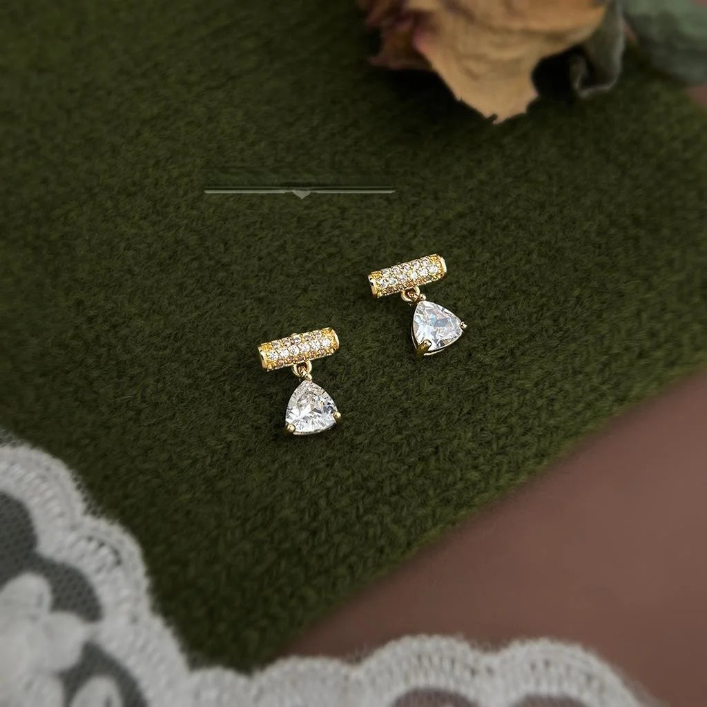 Micro Pave Zircon Geometric Balance Beam Heart Bell Stud Earrings Copper Minimalist