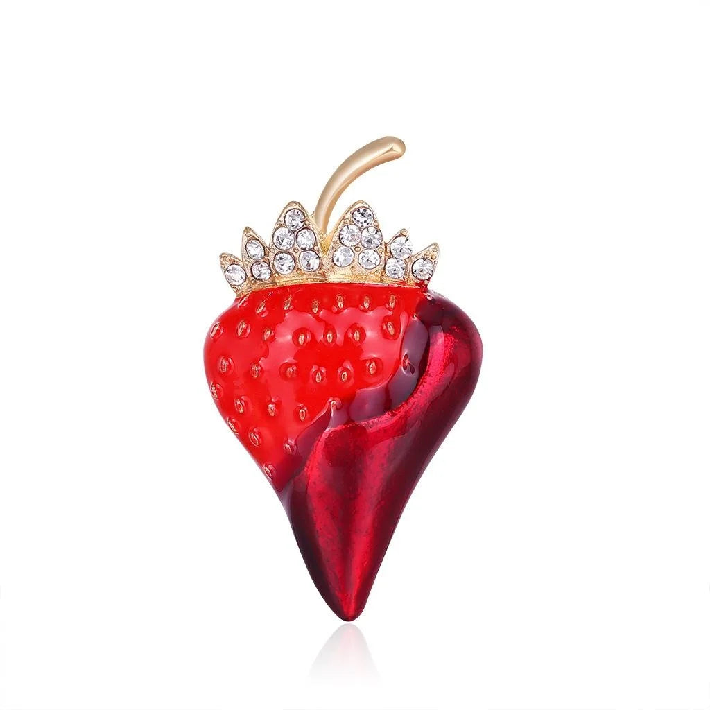 Cute Enamel Strawberry Brooch With Rhinestone Crown, Alloy Fruit Lapel Pin Scarf Buckle Gift For Women