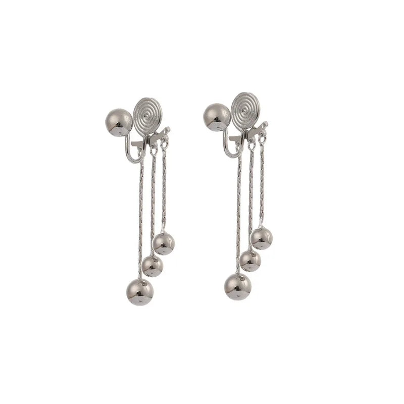 Elegant Alloy Metal Ball Spiral Tassel Drop Stud & Clip On No Piercing Back Hanging Earrings