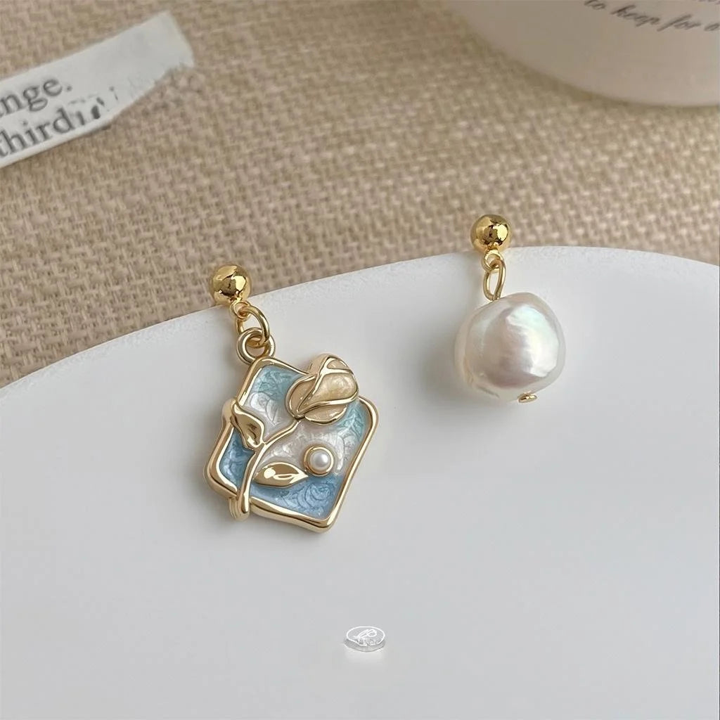 Monet Garden Asymmetric Irregular Baroque Freshwater Pearl Rose Petal Luxury Drop Earrings