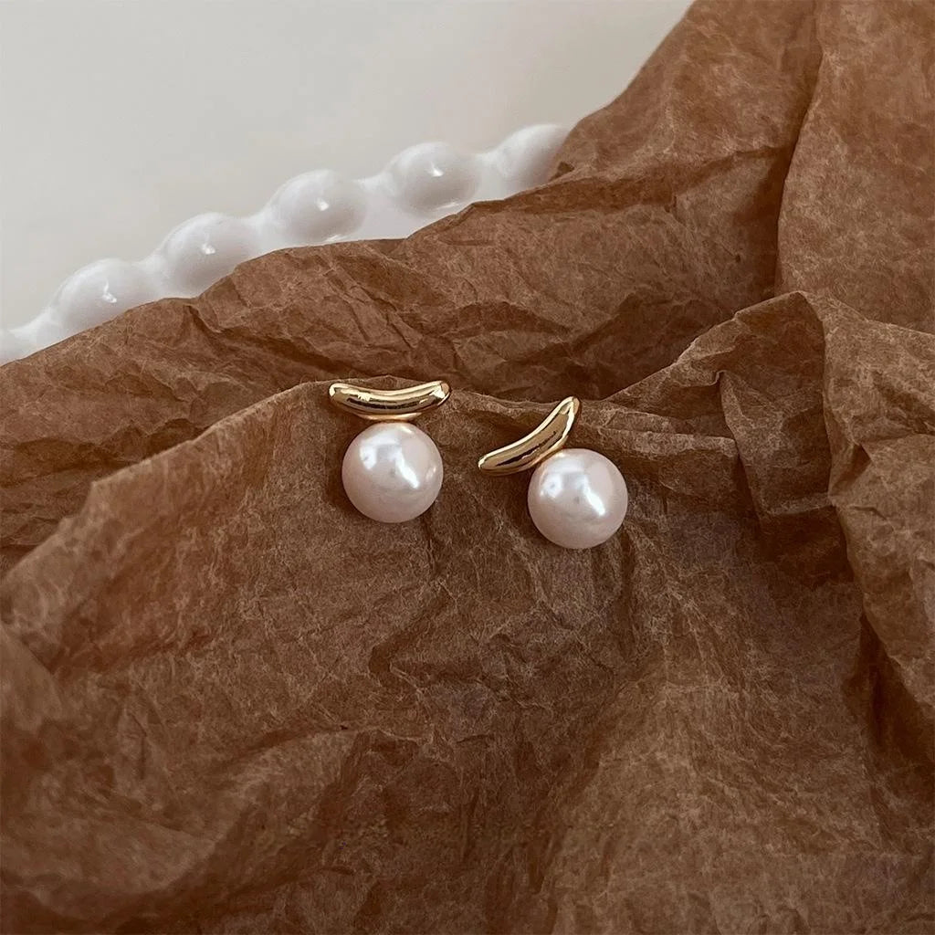 14K Gold Plated Copper Glass Pearl Geometric Balance Bar Stud Earrings Minimalist Designer Jewelry