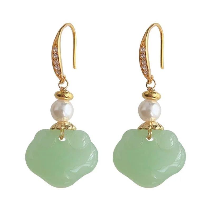 New Chinese Ethnic Handmade Glass Pearl Auspicious Cloud Ruyi Longevity Lock Drop Earrings
