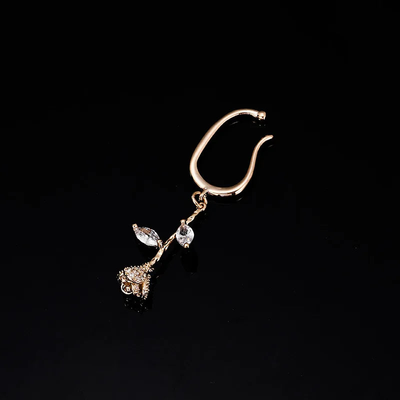 Vintage Rose Flower Zircon Ear Cuff Drop, Elegant Stud & Clip On No Piercing Ear Climber Earrings