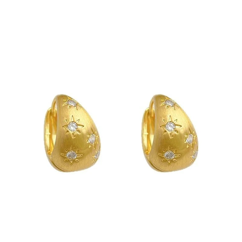 Matte Brushed Copper Starburst Zircon Geometric Hoop Drop Earrings For Women