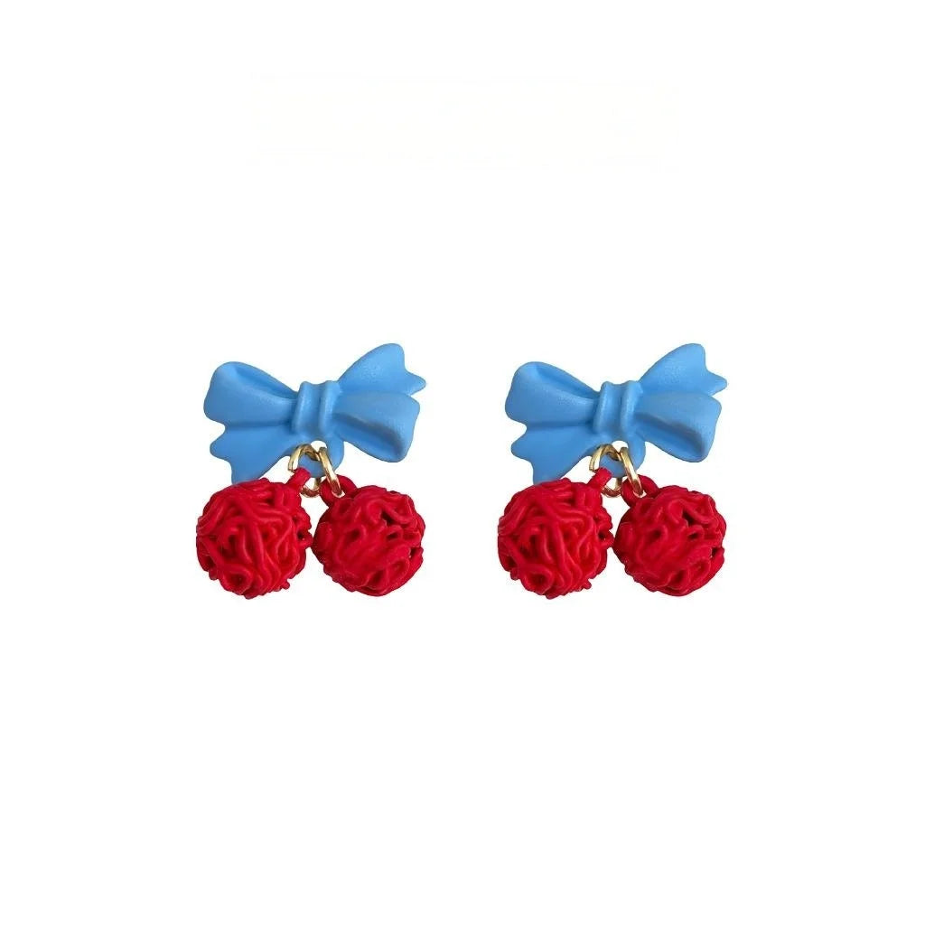 Sweet Preppy Enamel Cherry Bow Copper Drop Earrings For Women