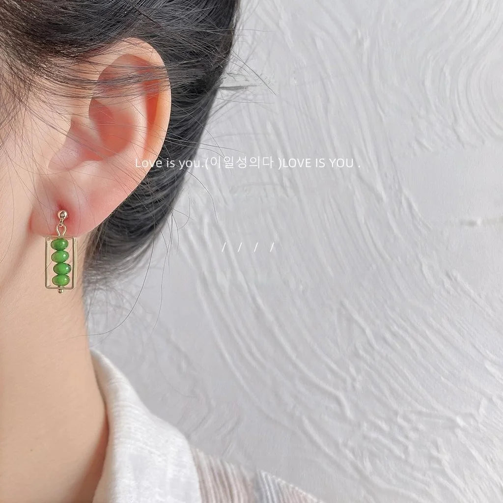 Fresh Green Cat Eye Geometric Line Stud Earrings 14K Plated Copper Asymmetric Summer Jewelry