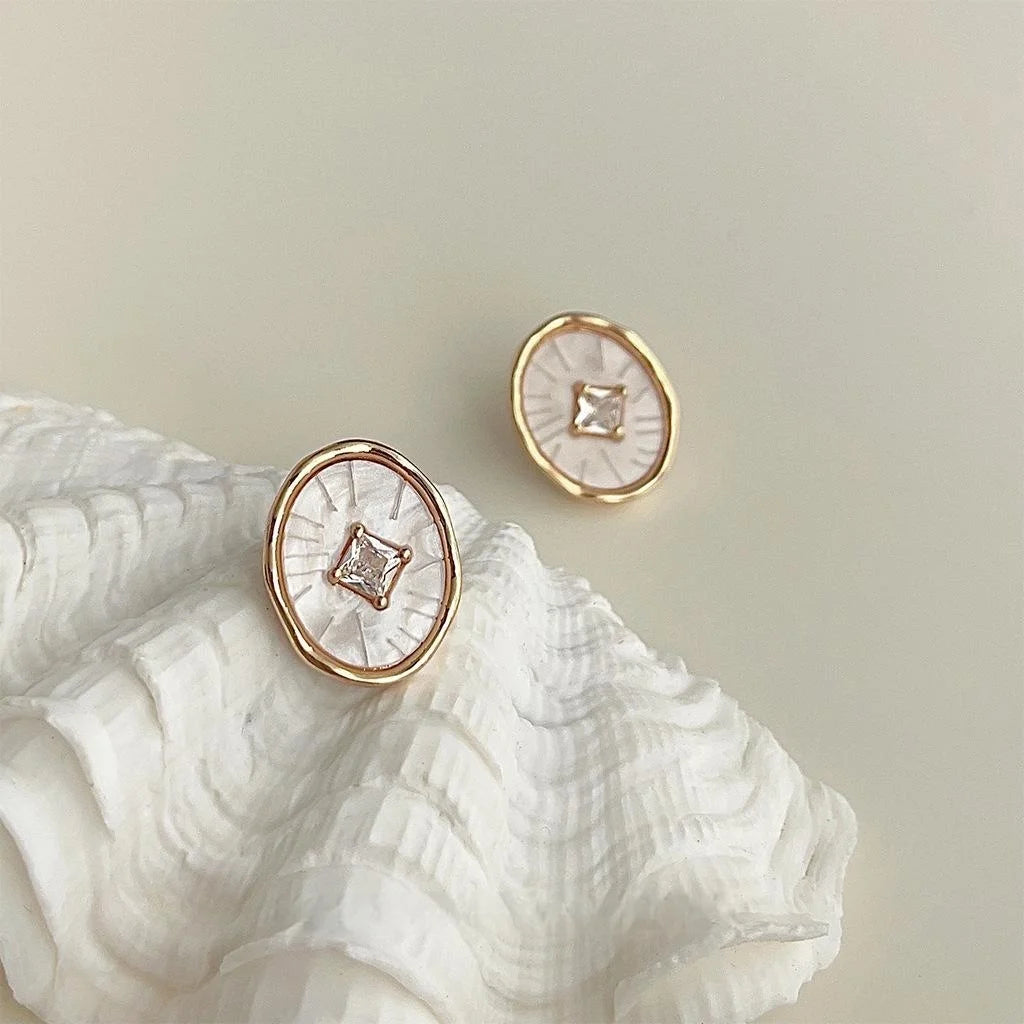 14K Gold Plated Copper Oval Geometric Micro Pave Zircon Drop Earrings Light Luxury Vintage Style