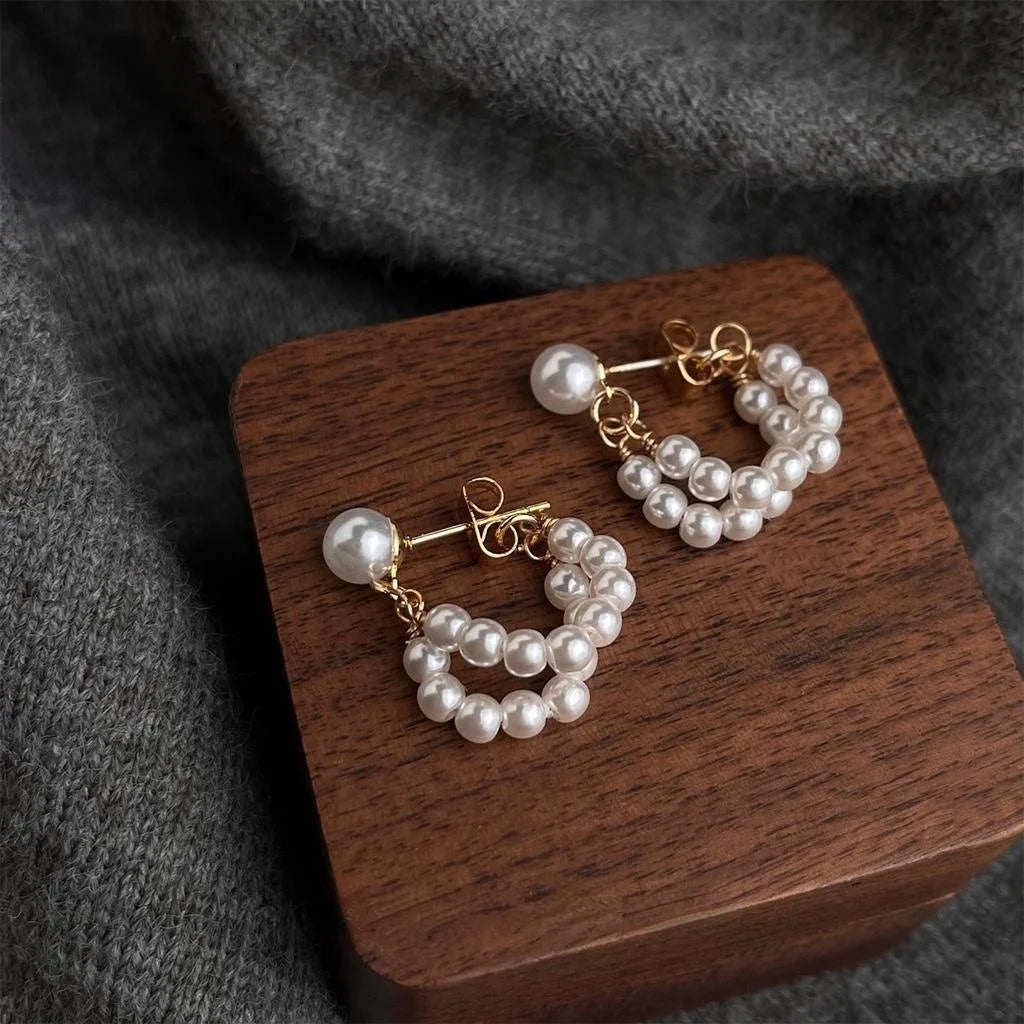 Fresh Sweet Minimalist Faux Pearl Geometric Round Hoop Drop Earrings Handmade Spring Jewelry