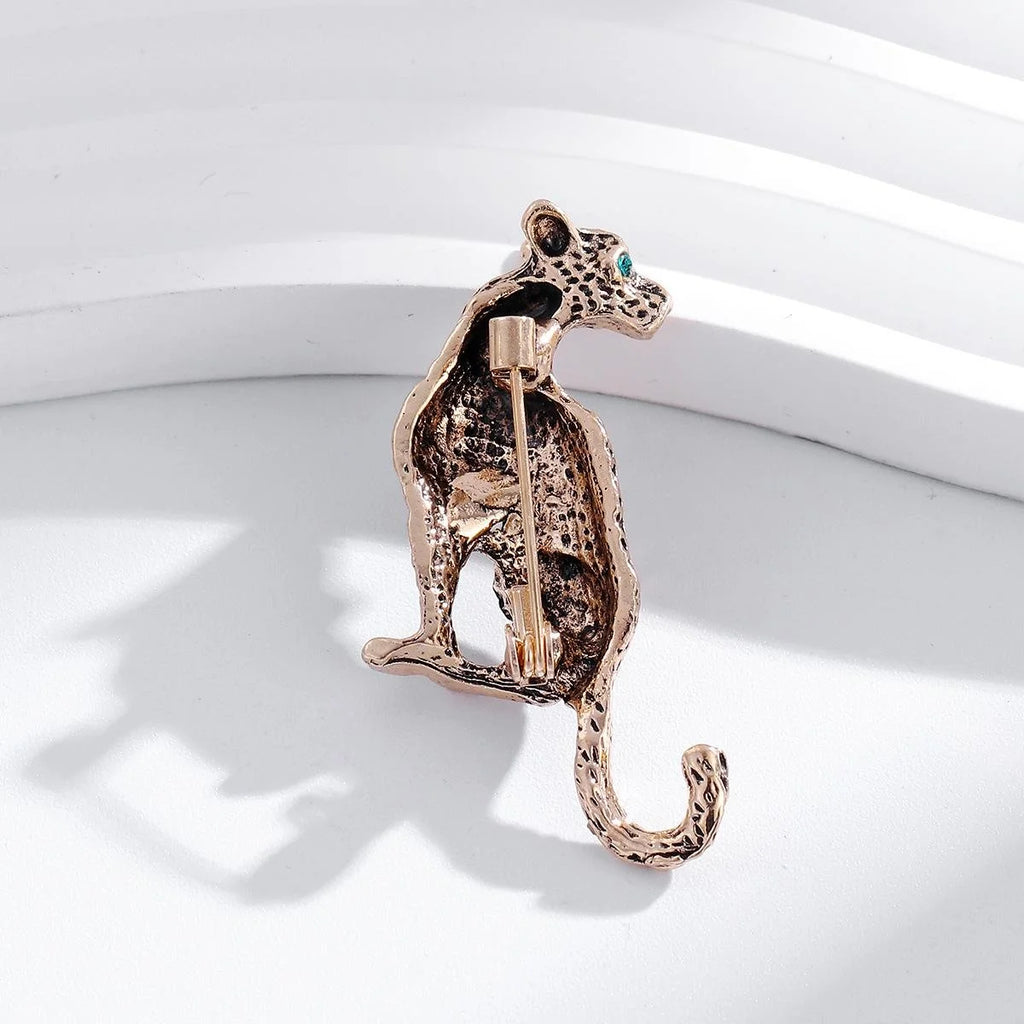 Vintage Leopard Brooch With Black Enamel Spots And Green Rhinestone Eye, Elegant Alloy Lapel Pin Gift