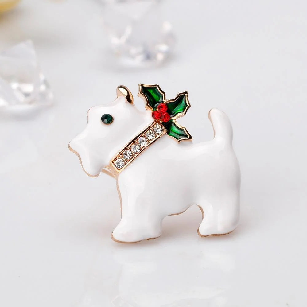 Cute Christmas White Dog Alloy Enamel Rhinestone Brooch Luxury Holiday Lapel Pin Suit Accessory Gift