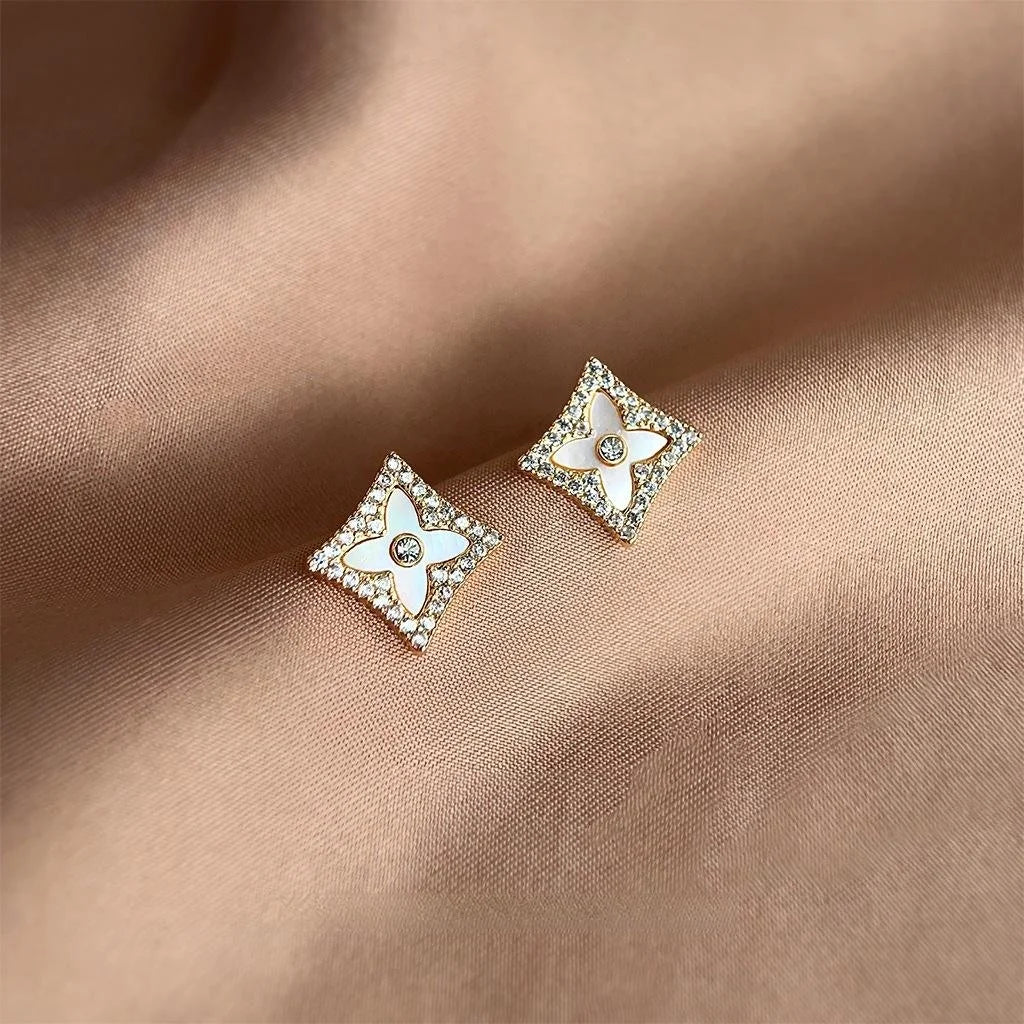 14K Gold Plated Copper Micro Pave Zircon Real Shell Geometric Square Luxury Stud Earrings