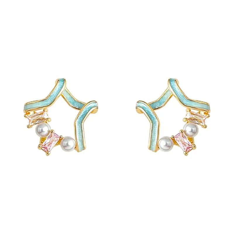 Sweet Girl Style Copper Zirconia Pearl Painted Star Stud Earrings