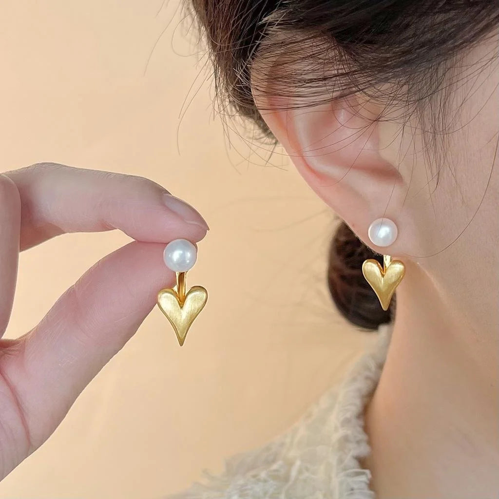 14K Plated Copper Heart Drop Earrings With Freshwater Pearl And Brushed Finish