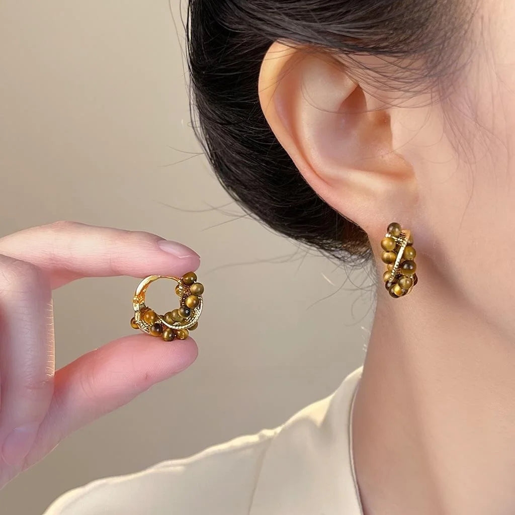 Handmade Copper Tiger Eye Geometric Twisted Round Vintage Maillard Style Drop Earrings