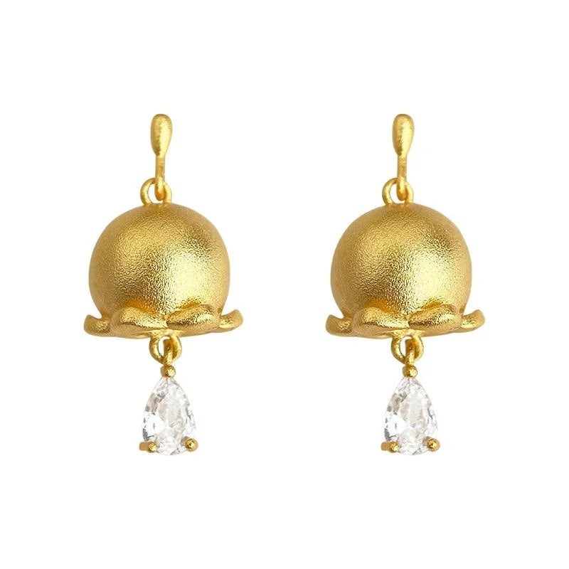 French Vintage Lily Of The Valley Teardrop Zircon Drop Earrings, Sandblasted Floral Luxury