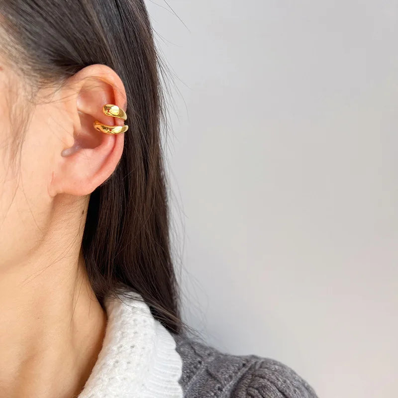 Luxury Irregular Double Layer Alloy Ear Cuff Hoop Stud & Clip On No Piercing Minimalist Earrings