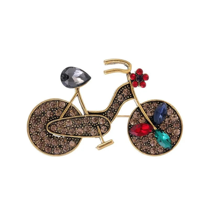 Vintage Bicycle Rhinestone Zinc Alloy Brooch, Cute Floral Bike Lapel Pin Suit Accessory Gift