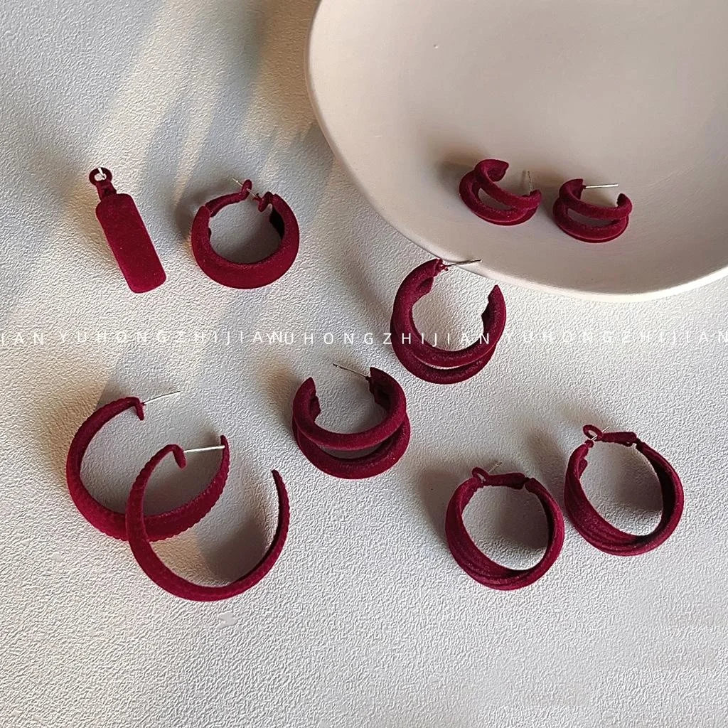 Burgundy Flocked U-Shaped Hoop Drop Earrings, Premium Geometric Jewelry