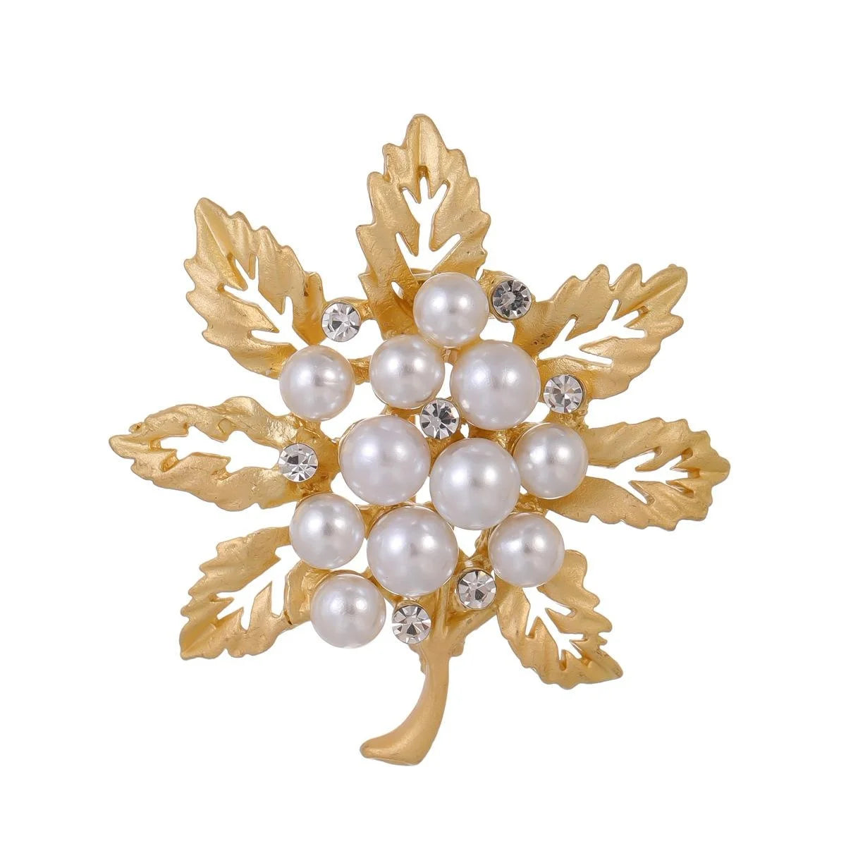 Vintage Matte Gold Alloy Maple Leaf Brooch With Faux Pearls And Rhinestones, Elegant Lapel Pin Gift