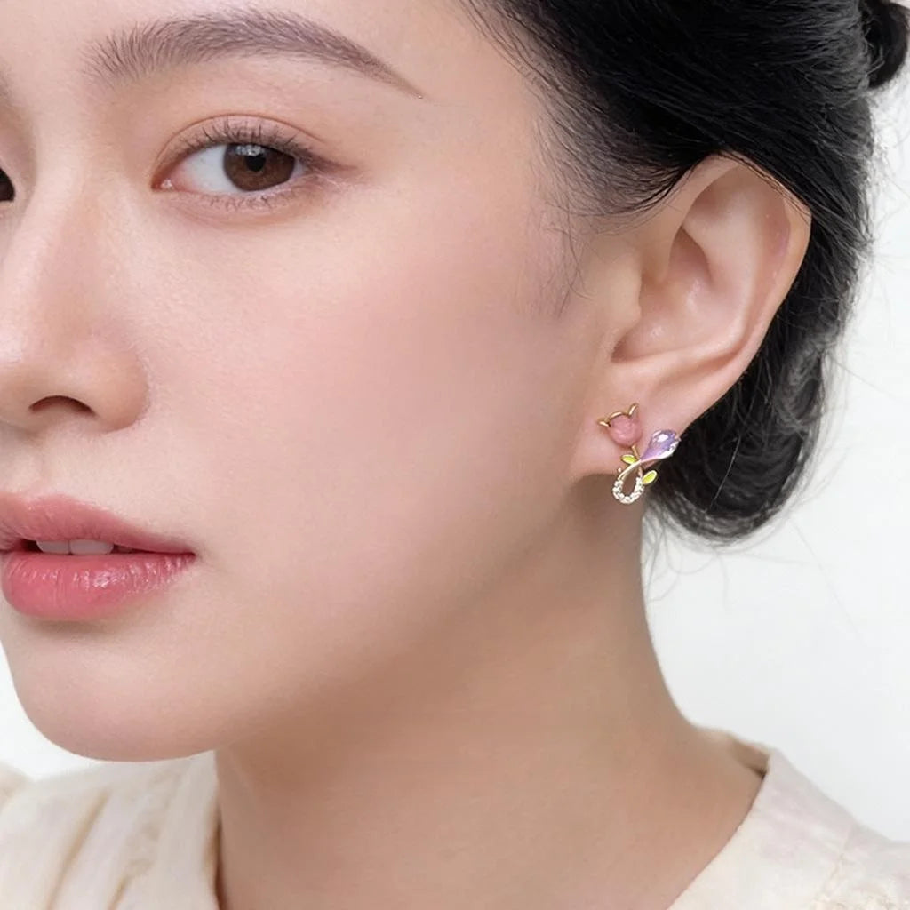 Sweet Oil Painting Tulip Stud Earrings Pink Glass Crystal Vine Zircon Flower Jewelry