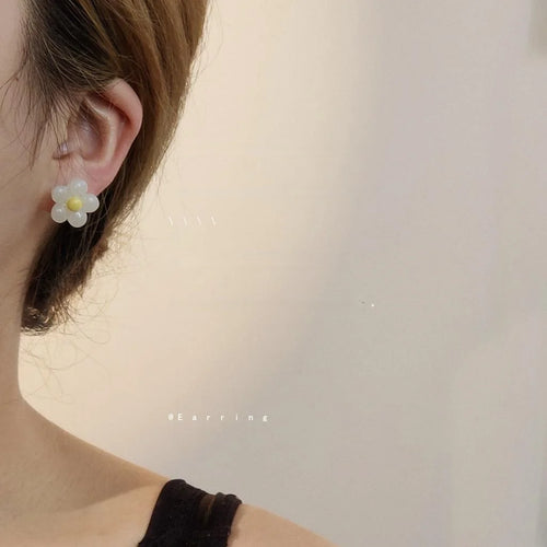 Fresh Style White Resin Rose Flower Stud Earrings With Silver Plated Pins For Women
