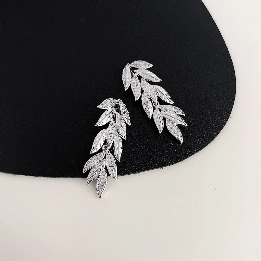 Copper Leaf Drop Earrings With Micro Pave Zircon, Elegant Banquet Jewelry