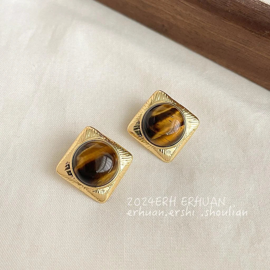 Vintage 14K Plated Copper Tiger Eye Square Geometric Stud Earrings For Women