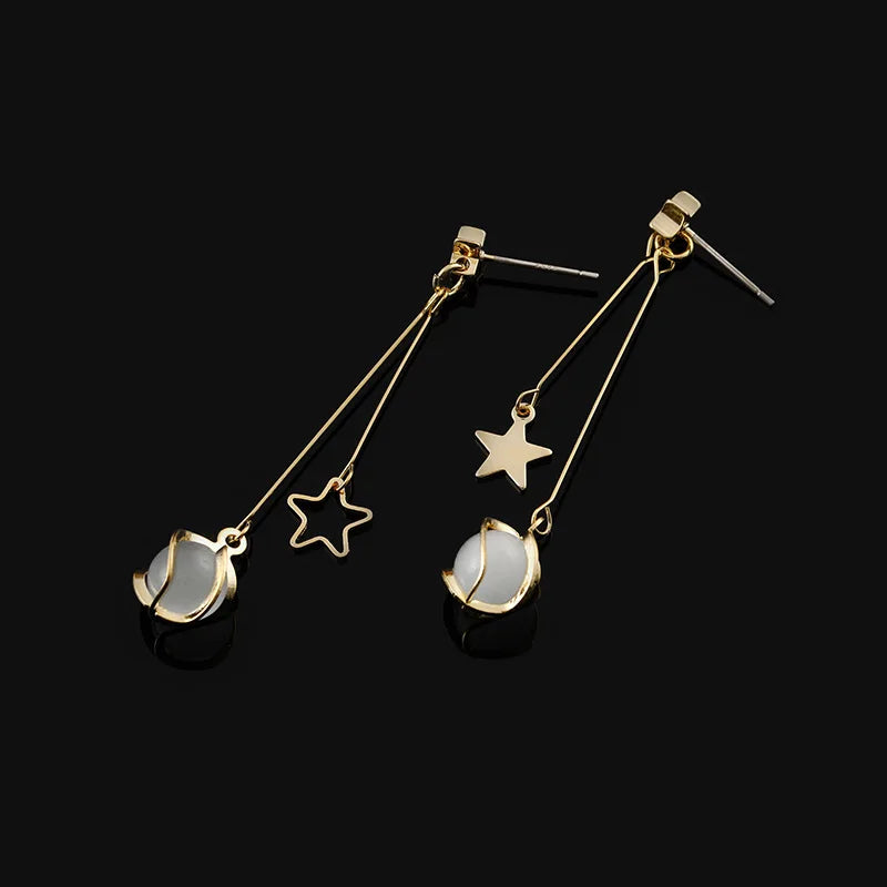 Elegant Gold Alloy Spiral Star Cat Eye Stone Long Drop Stud & Clip On No Piercing Earrings