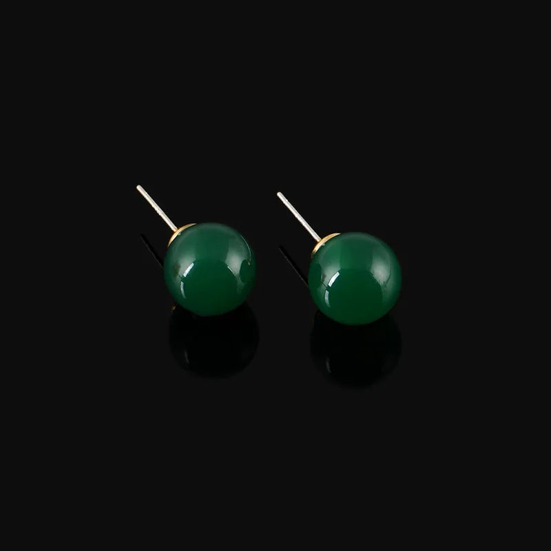 Vintage Green Agate Round Bead Spiral Alloy Stud & Clip On No Piercing Chinese Style Earrings