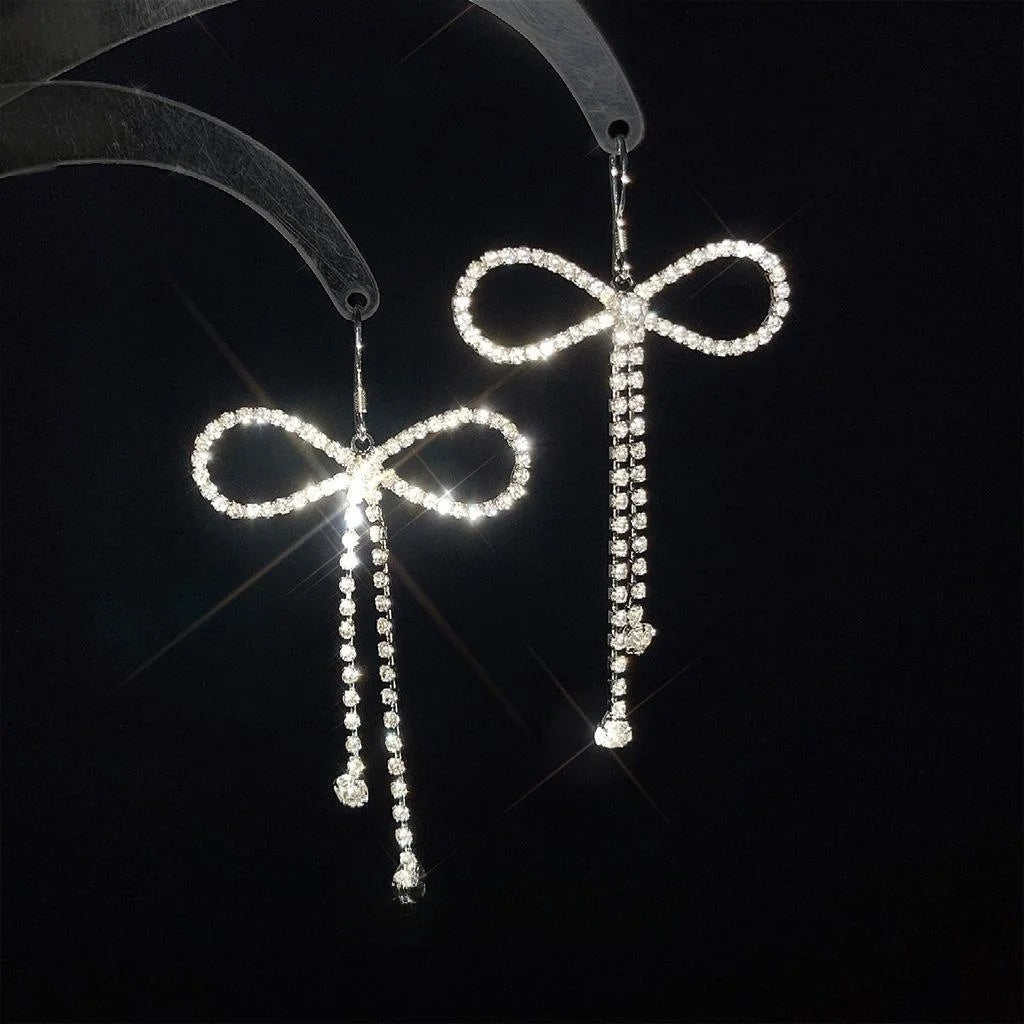 Korean Sweet Cool Copper Bow Drop Earrings With Silver Plated Pins And Rhinestone Accents