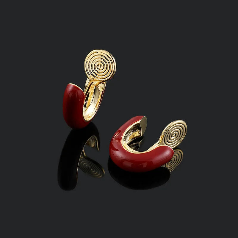 Elegant Red Enamel U Shape Spiral Disc Alloy Stud & Clip On No Piercing Commuter Earrings