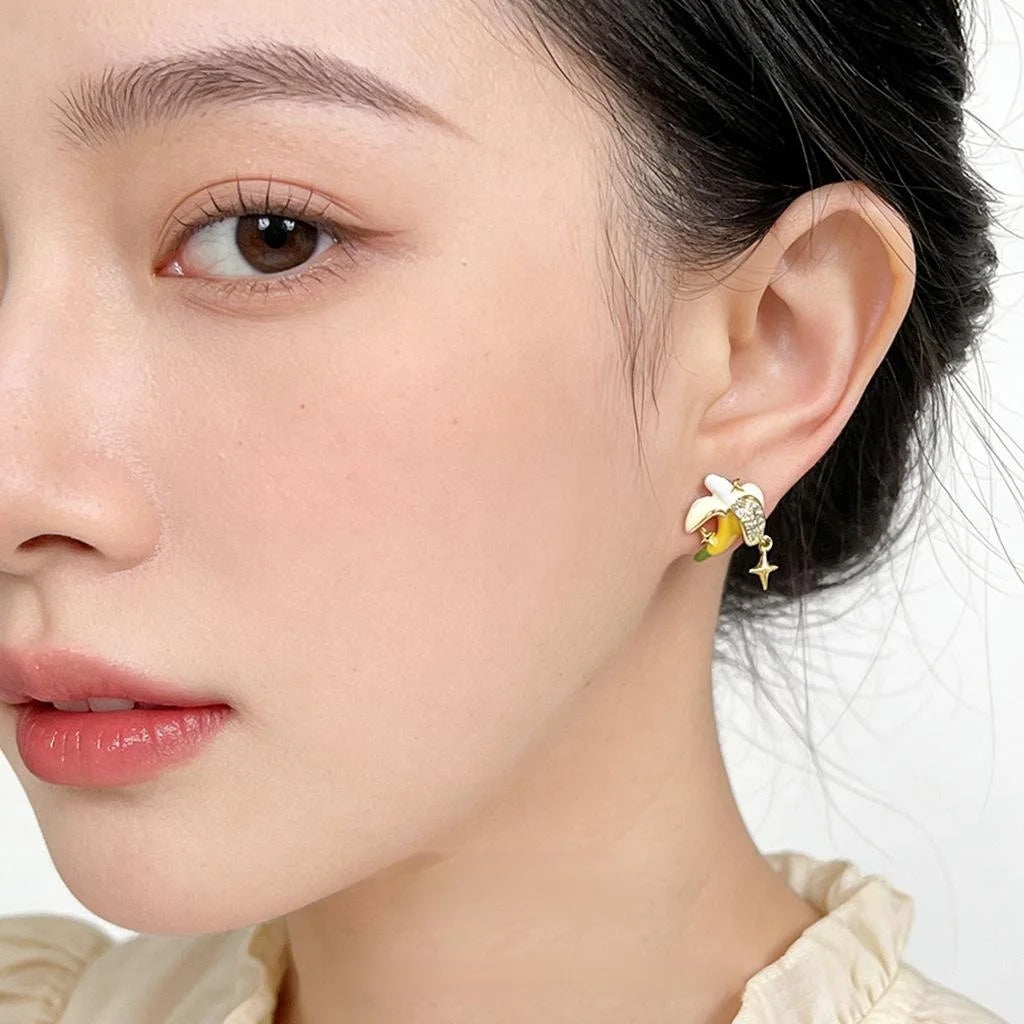 Cute Banana Stud Earrings Copper Zircon Micro Pave Hand Painted Enamel Fruit Jewelry