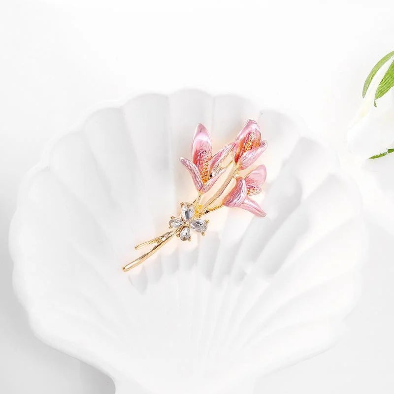 Elegant Pink Enamel Lily Flower Brooch With Rhinestone Butterfly Accent, Gold Alloy Lapel Pin Gift