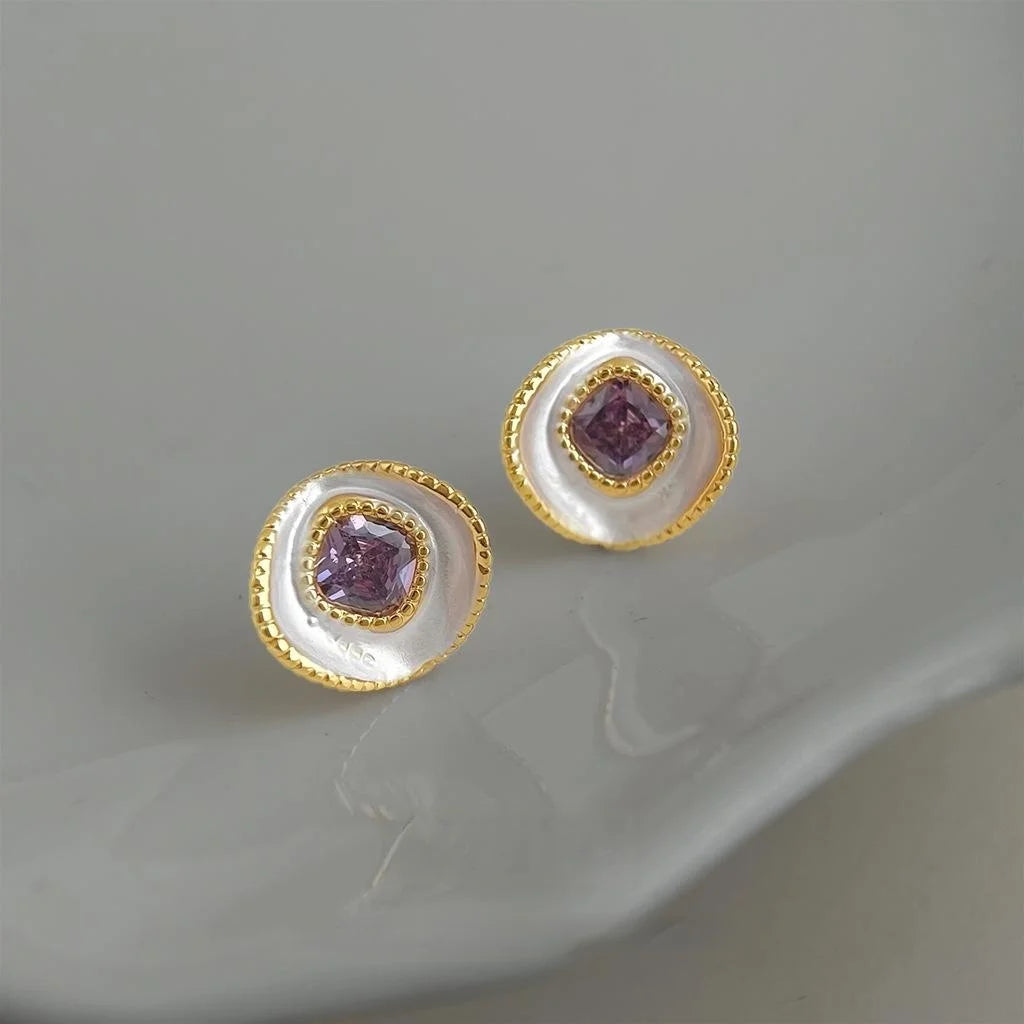 Fashion OL Elegant Purple Zircon Copper Geometric Curved Round Stud Earrings